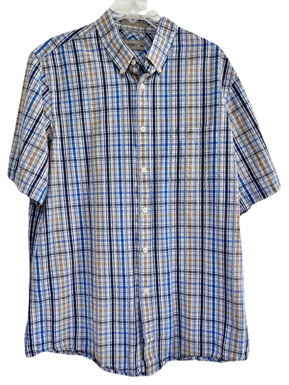 Nordstrom Blue Plaid Seersucker Short Sleeve Button Down Shirt, Size XL